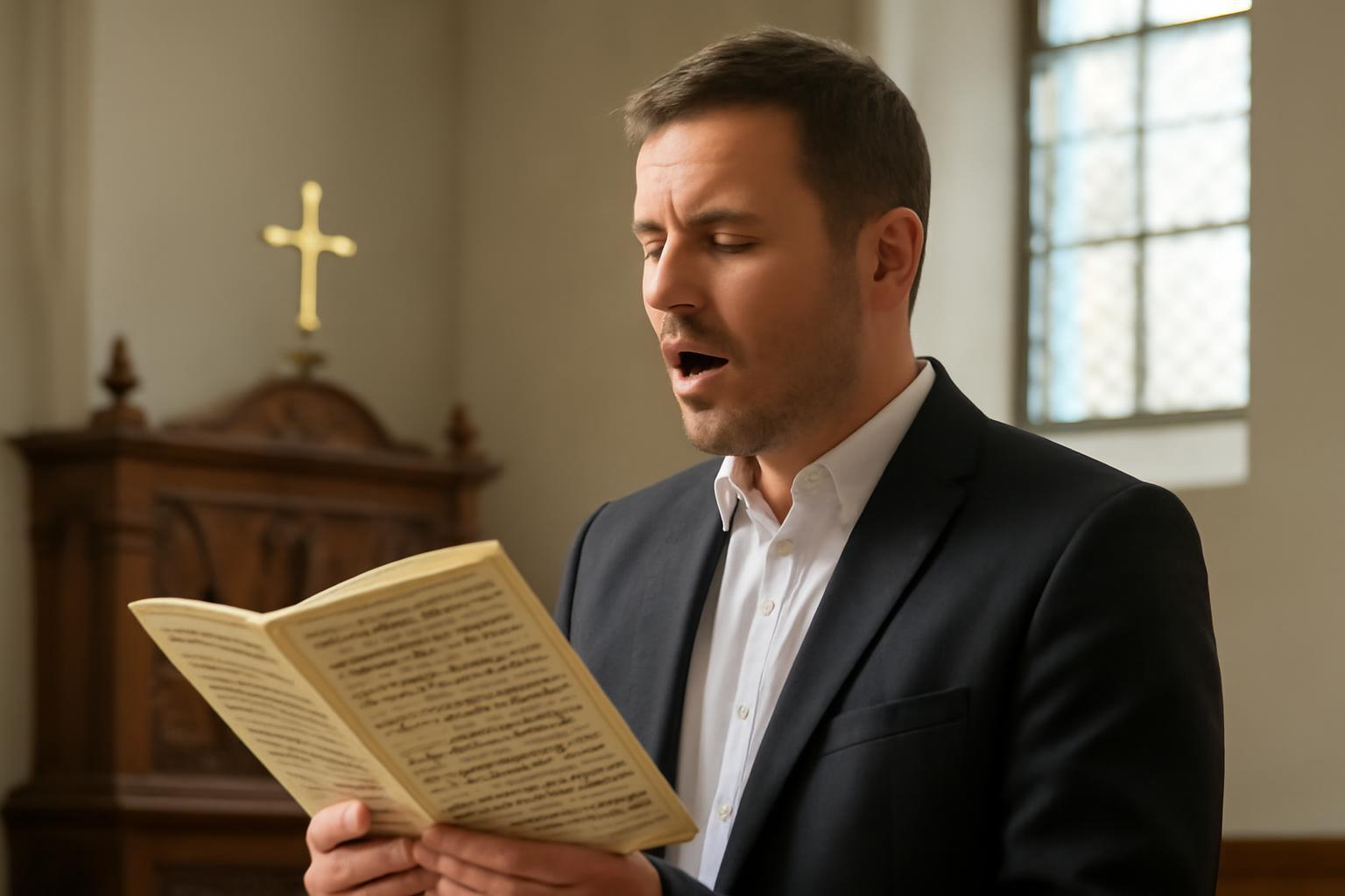Egy férfi kántor énekel egy templomban, kottát tart a kezében.