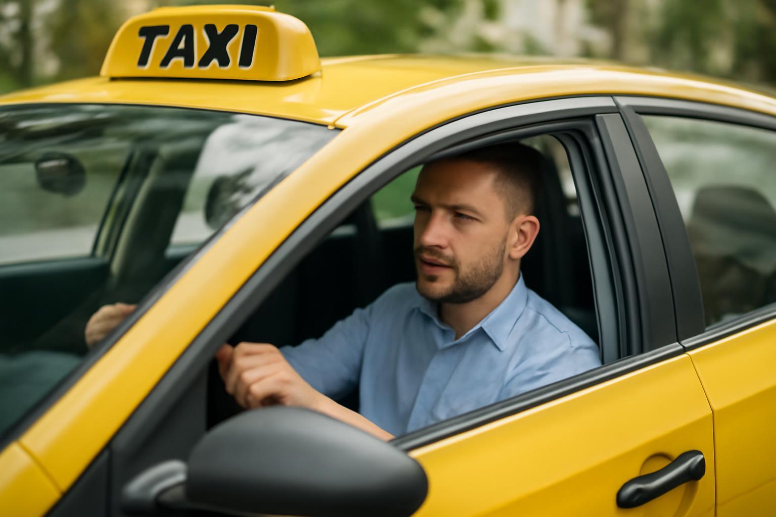 Egy taxis ül a sárga taxi volánjánál, figyelmes arccal.