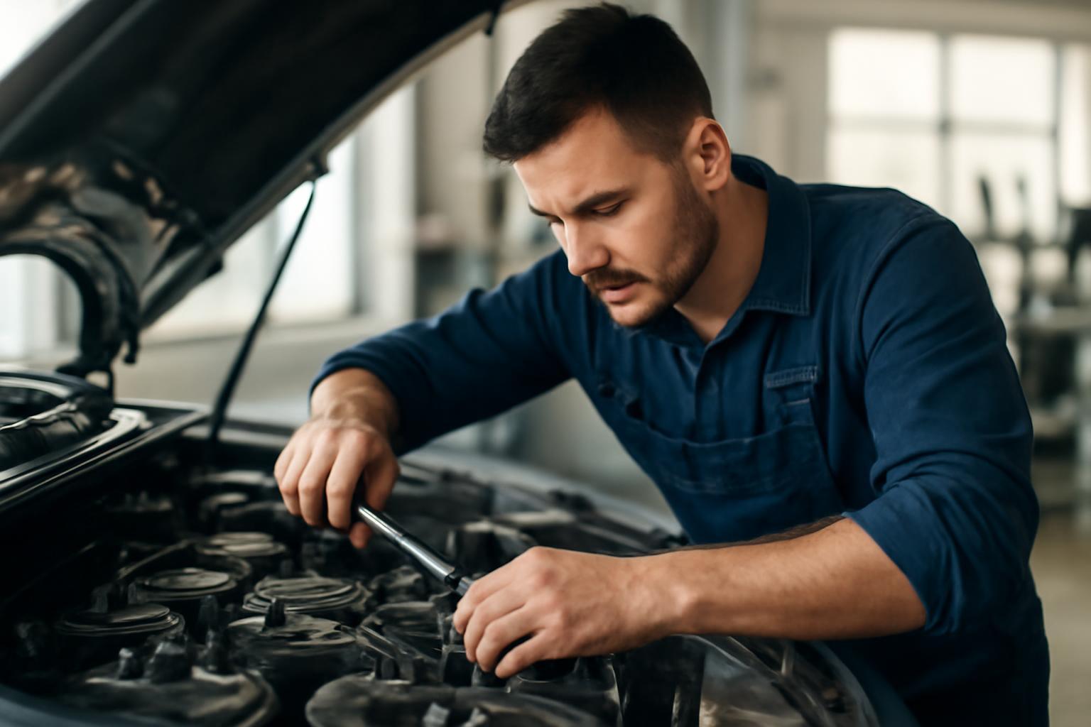Egy autószerelő a motorháztető alatt dolgozik, szerszámot használva.