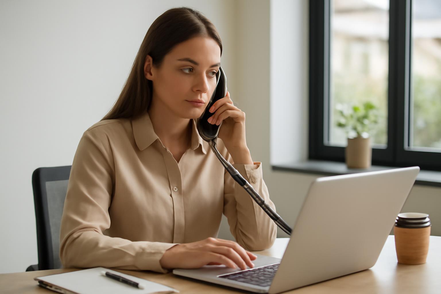 Egy fiatal nő telefonál egy irodai környezetben, laptop előtt ülve.