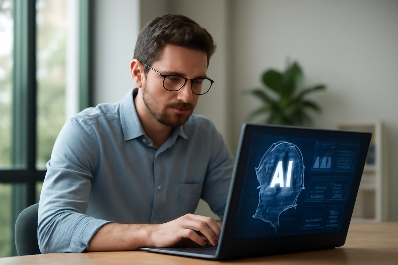 Egy AI mérnök dolgozik laptopján, amelyen mesterséges intelligencia grafika látható.