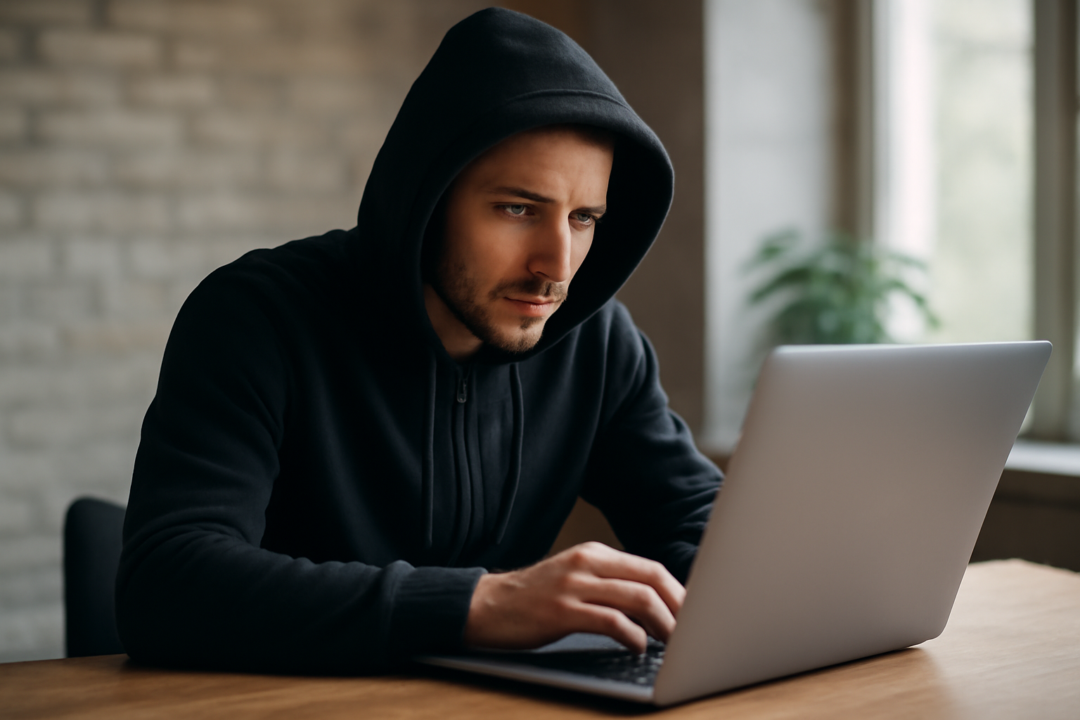 Egy etikus hacker sötét kapucnis pulóverben, laptop előtt ülve, koncentrált arckifejezéssel.