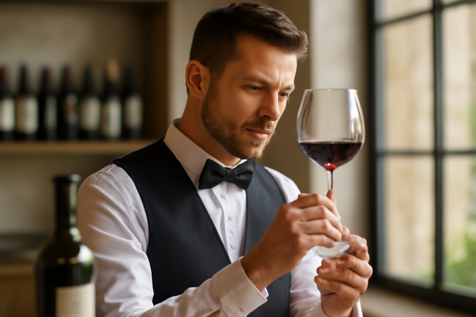 Egy sommelier vörösbort vizsgál, háttérben borospalackokkal.