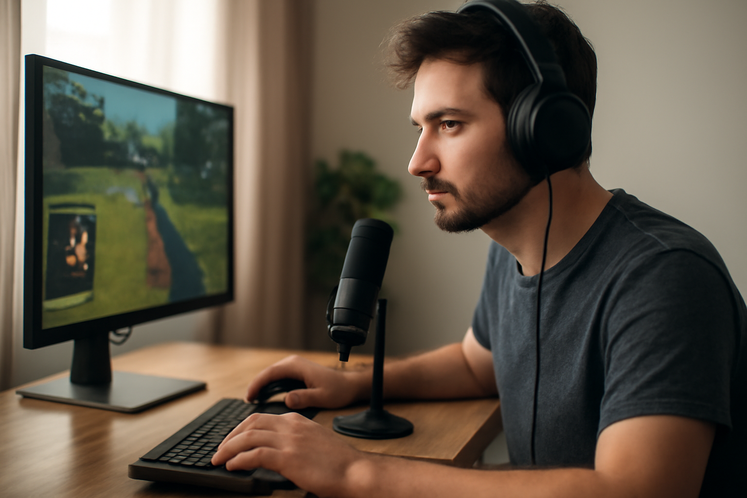Egy fiatal férfi játszik a számítógépén, miközben streamel.