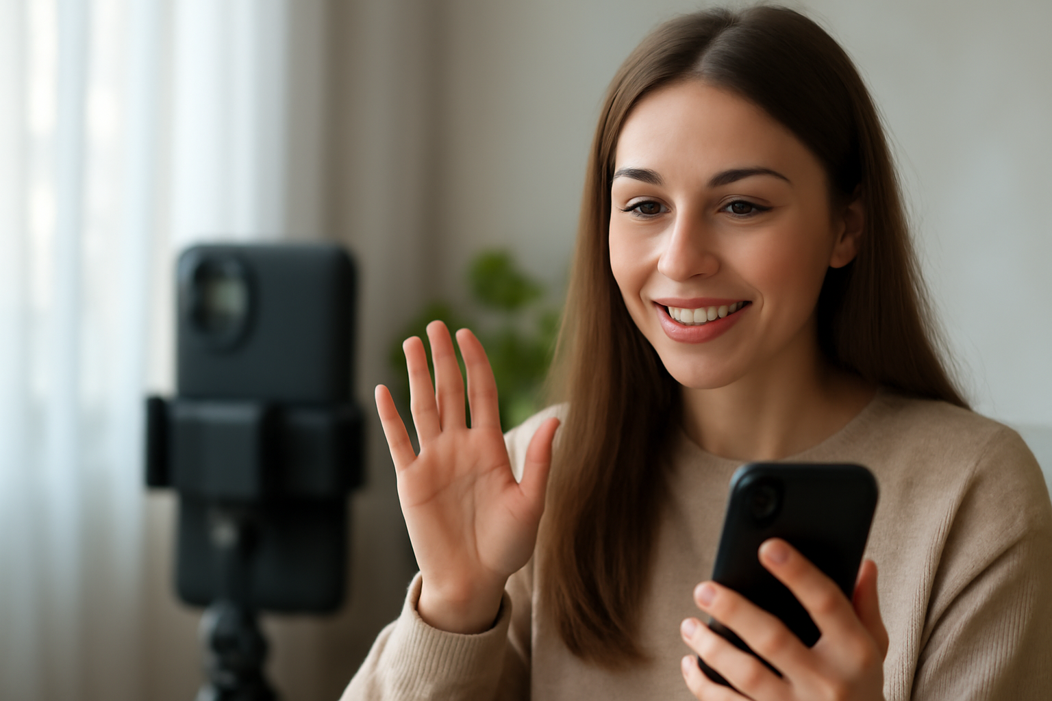 Egy fiatal nő mosolyogva integet a telefonjába, miközben videót készít.