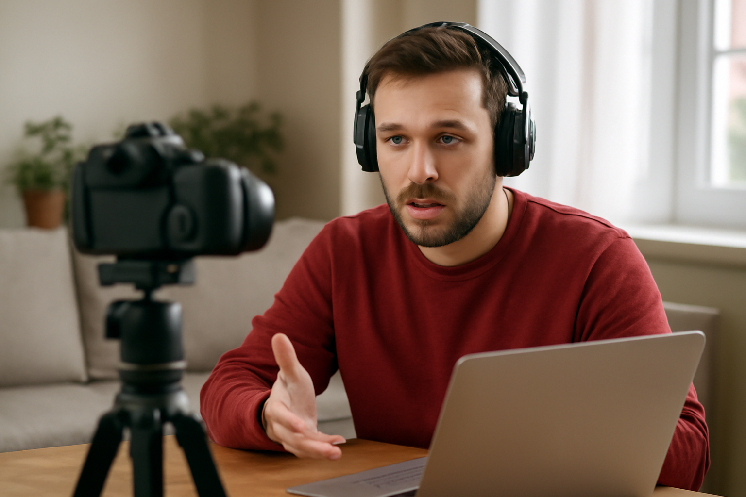 Egy fiatal férfi fejhallgatóban, videófelvételt készít egy kamerával és laptop előtt ül.